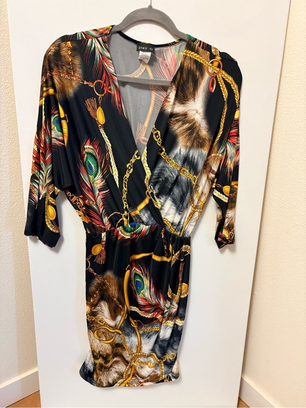 Day G Faux Wrap Peacock Gold Chain Faux Fur Print Mini Dress - Size L (Excellent